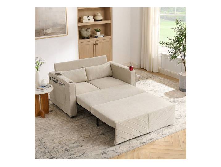 STILVORA Schlafsofa mit USB-Ladefunktion 2-Sitzer-Loungesofa mit 3-in-1-Funktion beige, Relaxsofa mit innovative Slide-to-Transform-System, als zusätzliches Bett für Übernachtungen oder im Büro