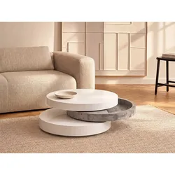 Couchtisch rund - drehbar - 1 Ablagefach - MDF - Beton-Optik & Weiß - JANITA