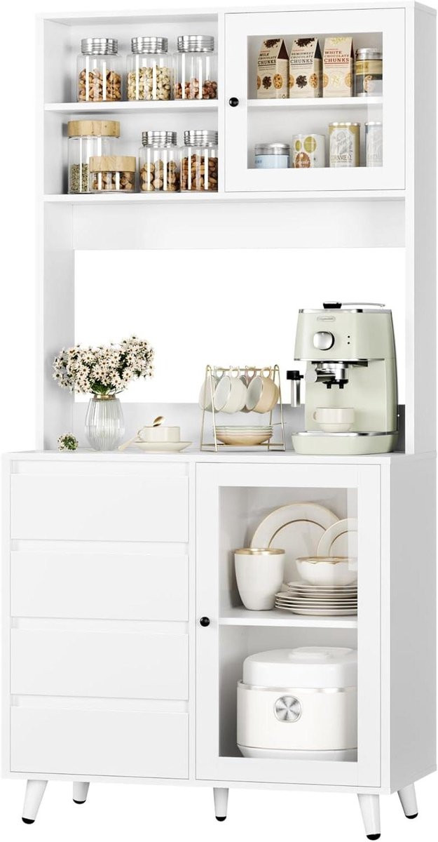 Witte Keuken Hoge Kast met Vitrine en Werkblad, Hoogte: 180 cm