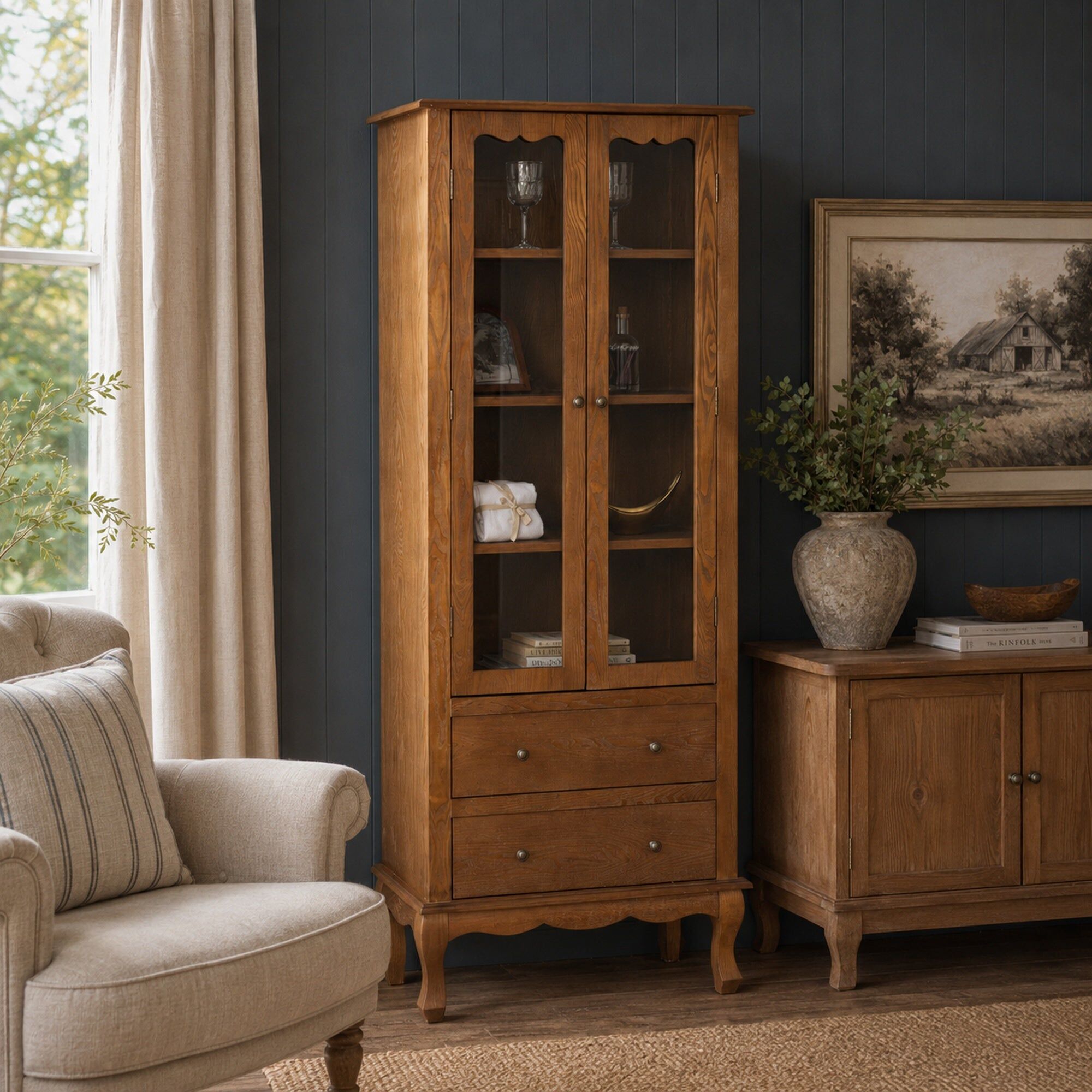 Tall Freestanding Dark Wood Display Cabinet - Ashwell Range Wood, Metal, Glass
