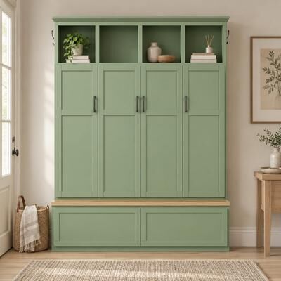 Fundinbaths "54.7"" Farmhouse Hall Tree with Walnut Bench, 4 Cabinets, 2 Drawers, 6 Hooks and Storage"