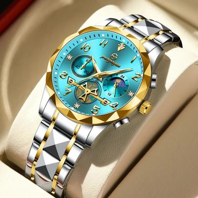 Inspire Select PAAZOMU Luxury Stainless Steel Men's Chronograph Quartz Watch With Moon Phase gold Green