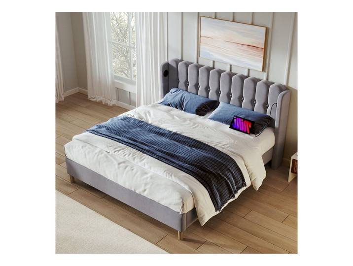 Flieks Polsterbett, Holzbett Doppelbett mit USB/Typ-C Ladeanschlüsse 160x200cm grau Leinen