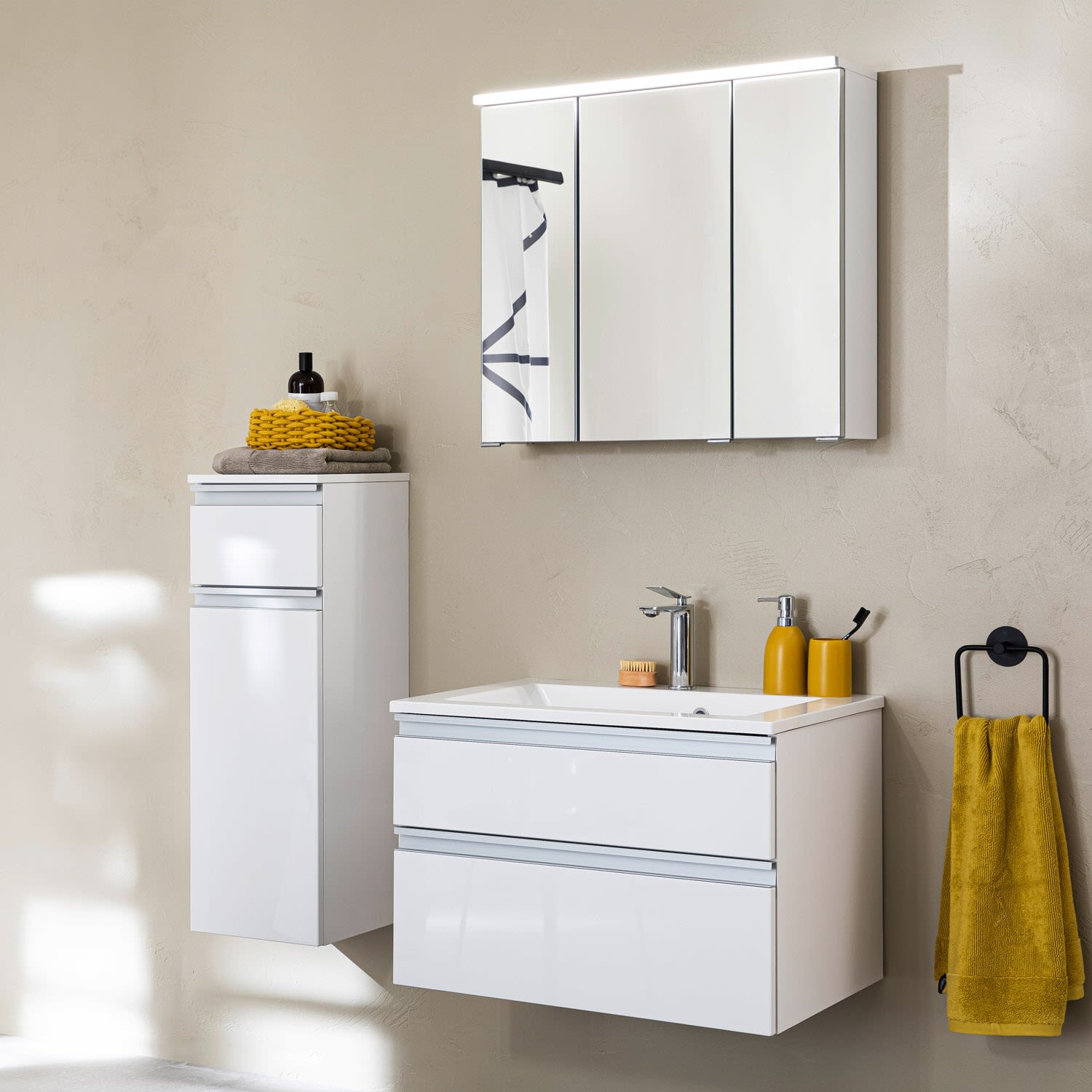 SCHÖNER WOHNEN-Kollektion Stockholm Badmöbelset aus Mineralgusswaschtisch mit Unterschrank, Spiegelschrank und Highboard
