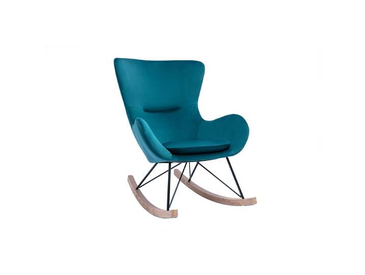 Rocking chair design en tissu velours bleu canard, métal noir et bois clair ESKUA
