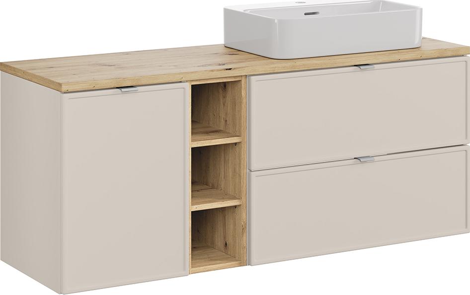 Badezimmer-Waschtisch 140 cm in Beige & Eiche mit Wäschekorb & Aufsatzwaschbecken - BIBIONE-56
