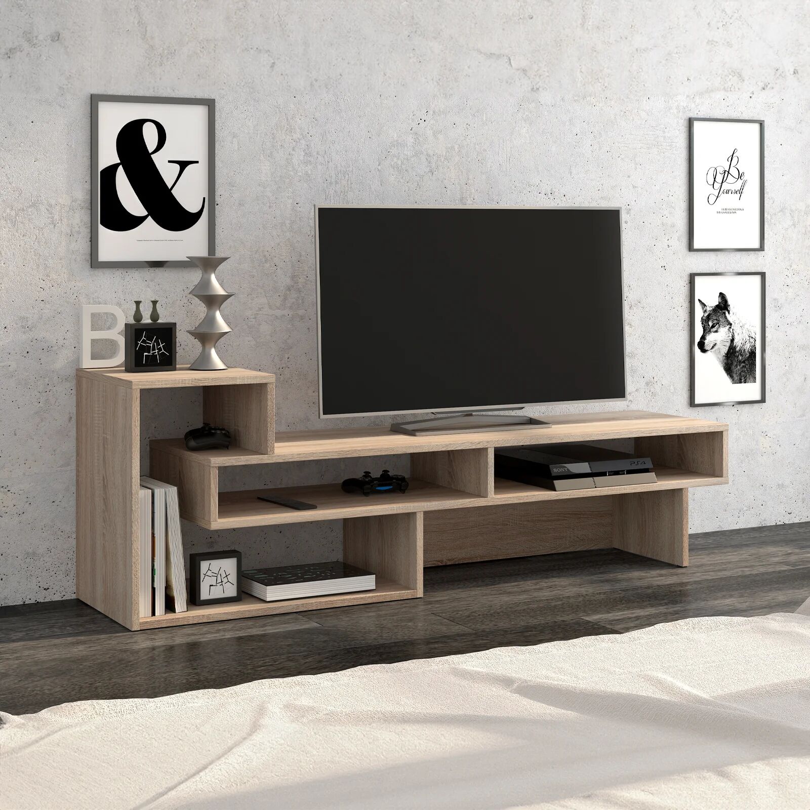 garneroarredamenti Mobile porta TV 146x49h cm moderno rovere chiaro Helen
