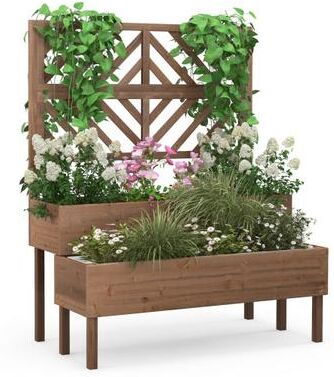 Costway 2-Tier Raised Garden Bed with Trellis-Brown