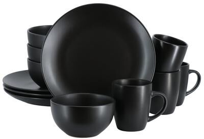 Gibson Home Everyday Plus 12 Piece Round Stoneware Dinnerware Set in Black