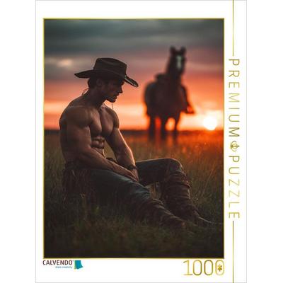 CALVENDO Puzzle Sexy Cowboy mit Sixpack im Sonnenuntergang - erotisches Bild mit Pferd | 1000 Teile Lege-Größe 64x48cm Foto-Puzzle für glückliche