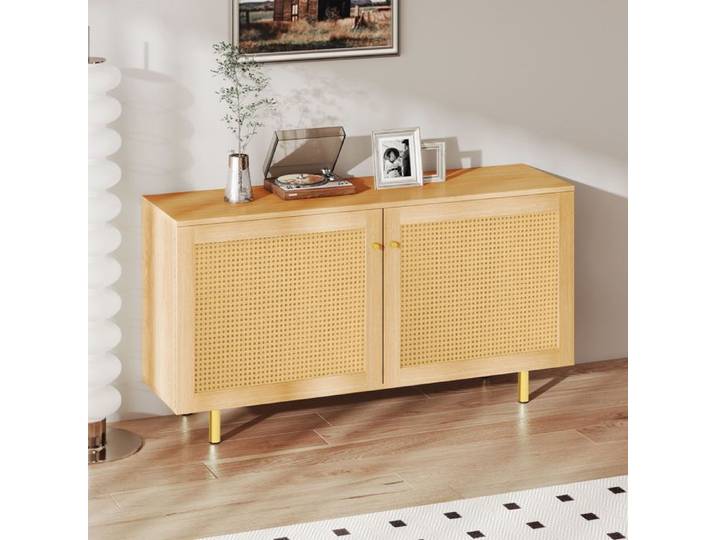 Buffet bas - ZEVKOR - Buffet Bas Double Porte - Rotin tressé - Pieds métal doré - 120×40×63 cm
