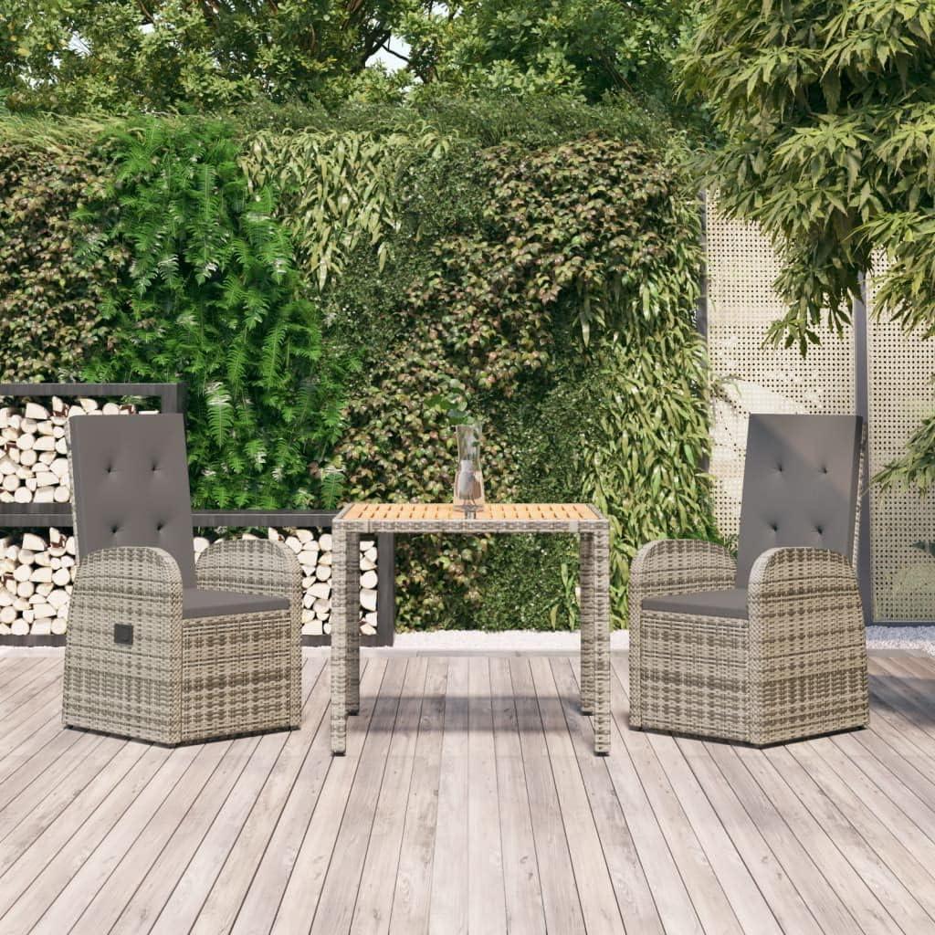 3-teiliges graues Gartenmöbel-Set aus Poly-Rattan mit Kissen für Garten, Balkon und Terrasse, wetterfeste modulare Sitzgruppe mit Sesseln, verstellbarer Rückenlehne und stabiler Konstruktion