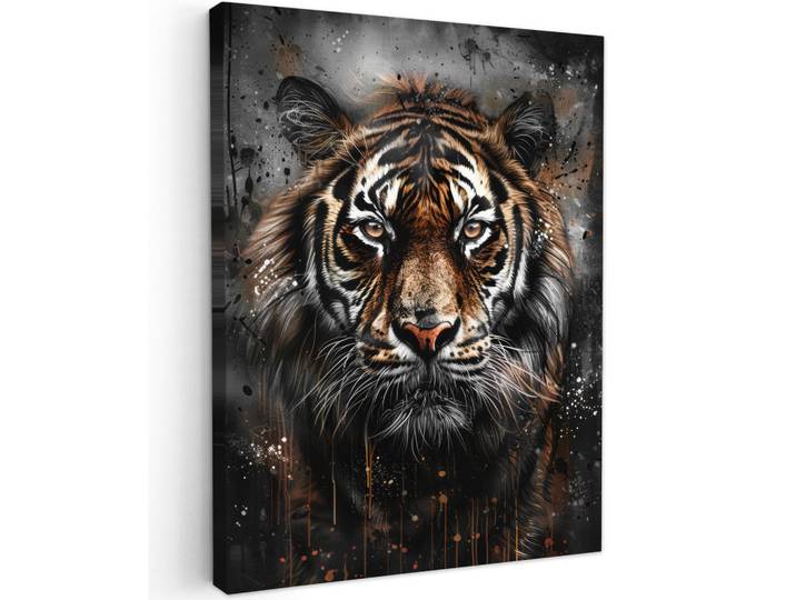 MuchoWow Leinwandbild - Tiger - Tiere - Porträt - Luxus - Schwarz - 60x80 - Gemälde, Anthrazit, Textil, Kiefer, Abstrakt, Rechteckig, 60x80 cm, gerahmt, Bilder & Rahmen, Bilder, Wandbilder