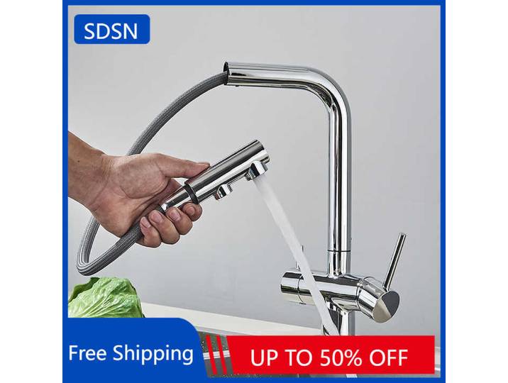 Robinets d'évier de cuisine avec filtre extractible à 3 voies, mitigeur d'évier de cuisine chaud et froid extractible, robinets de cuisine en laiton et eau Pure