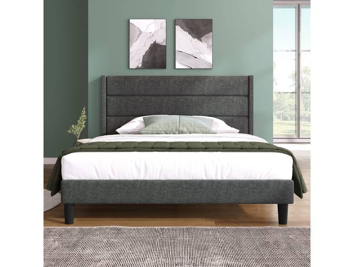 KOMHTOM coussin lit double 140x200 cm Cadre de lit gris foncé avec sommier à lattes et tête de lit, lit de jeunesse rembourré, lin