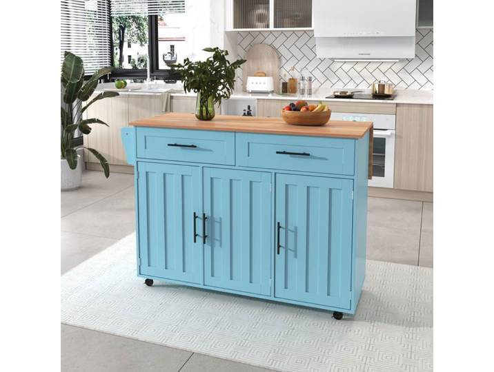 Desserte de cuisine sur 5 roulettes avec Plans de Travail Rabattable Panneau d'extension Pieds/Roulettes remplaçables bleu