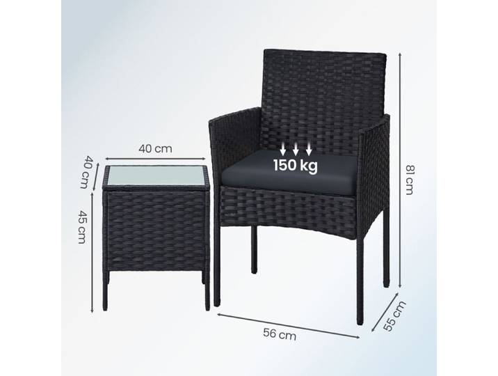 Ensemble Table Chaise de Jardin en PE Ensemble 3 Pièces Table et Chaises Extérieur Terrasse Balcon Noir et Gris