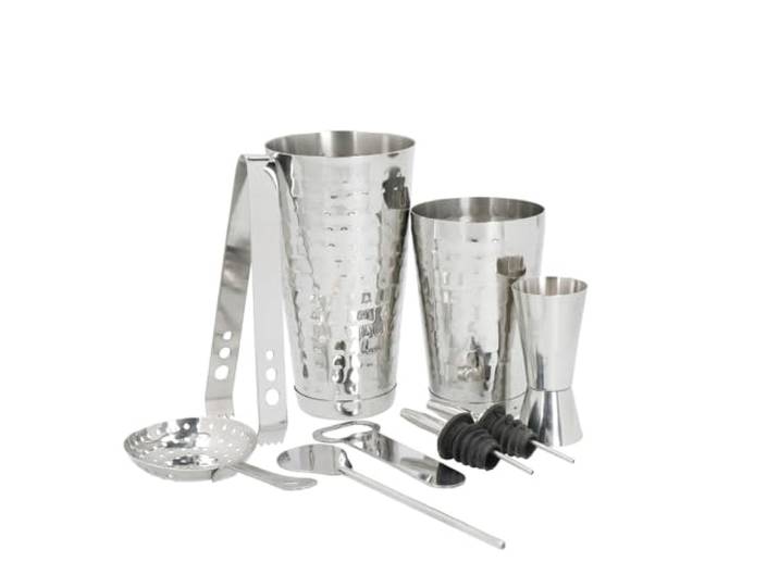 BarCraft 8-Delige Zilveren Cocktailset in geschenkverpakking, inclusief cocktailshaker, barmaatje (Jigger), cocktailzeef, cocktaillepel, muddler, ijstang, flesopener & 2 schenktuiten roestvrij staal