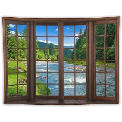 Wandteppich mit malerischem Fluss- und Bergpanorama und Fensteroptik – perfekt für entspannende Wohnräume