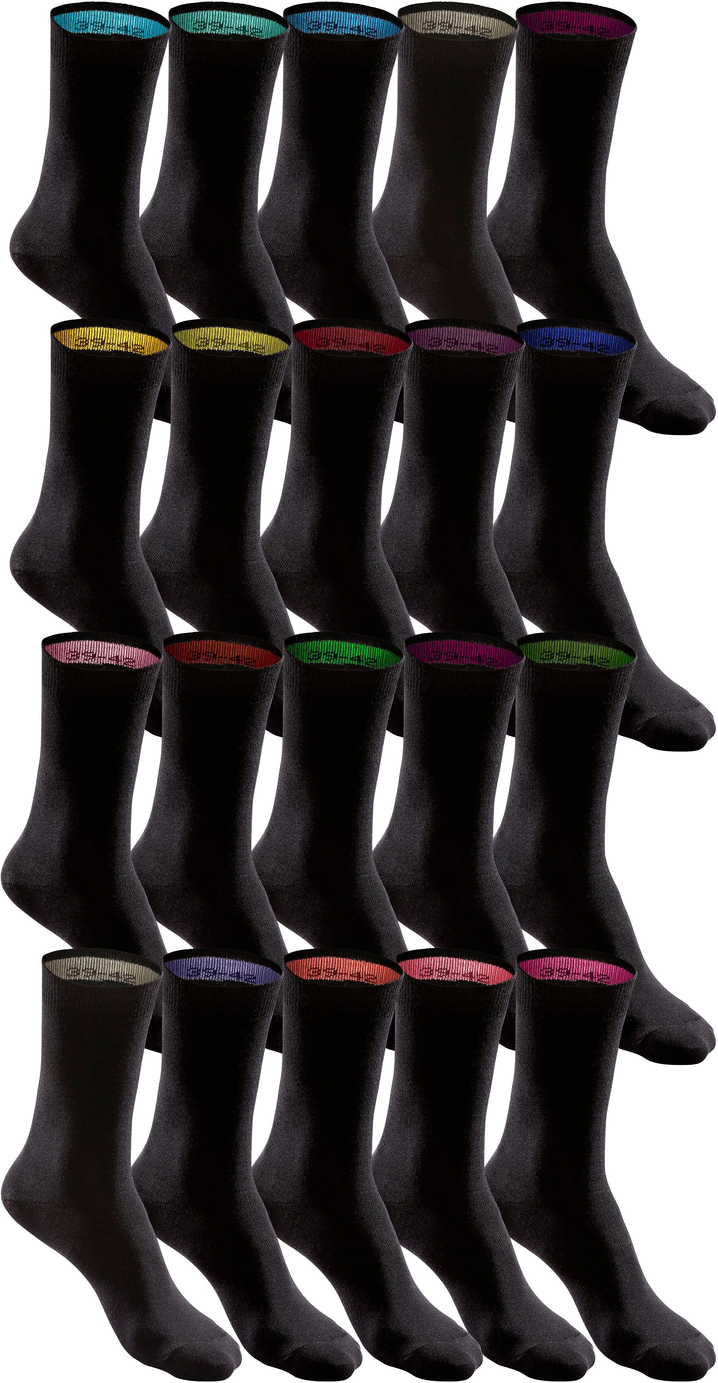Socken H.I.S "für Damen und Herren, perfekt zu sortieren mit farbigem Innenbündchen.", Damen, Gr. 39-42, schwarz (20x schwarz), Baumwolle, Elasthan, Polyamid, unifarben, elastisch, Socken Socken, in praktischer Geschenkbox, für Beruf und Freizeit 20x schw