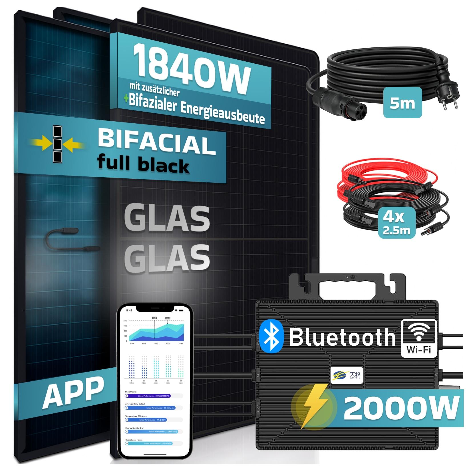 SUNNIVA® 1840W Balkonkraftwerk BIFAZIAL FULLBLACK komplett Steckdose ASTRO-E 2000W Wechselrichter, PV Solaranlage, 4x 460W Glas-Glas Solarmodule, inkl. 5m Kabel, Bluetooth WIFI, Komplettset