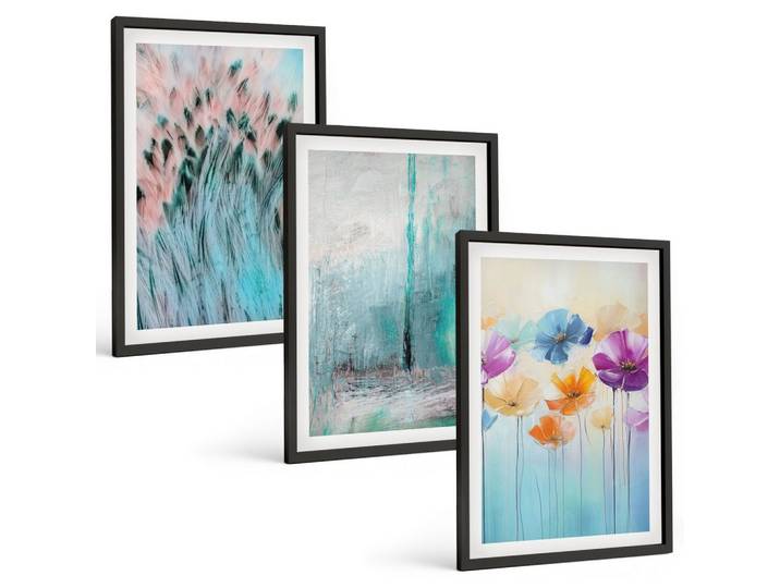 BILDER SET 3er Set - 40x60 cm Schwarzer Rahmen - Hintergrundmuster mit Pastellblumen