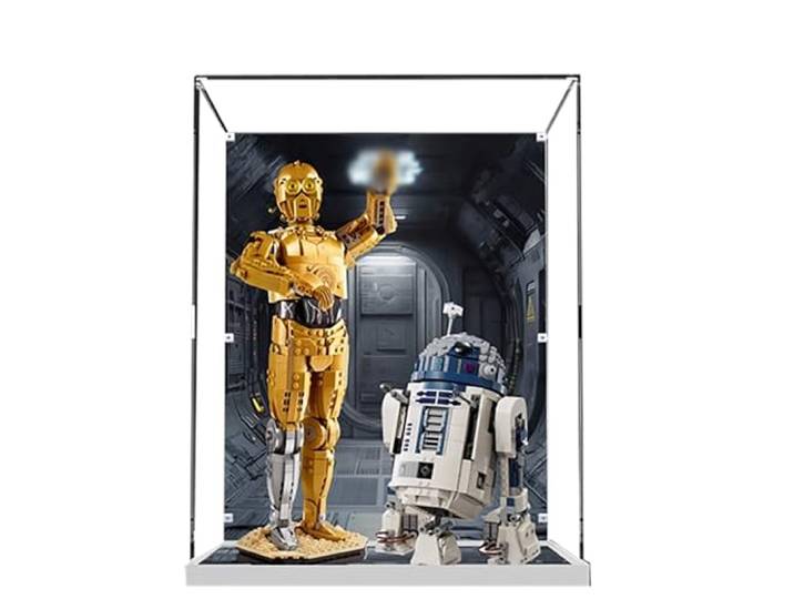 Acryl-Vitrine für Lego 75398 + 75379 C-3PO/R2-D2, 3 mm staubdichte Displaybox, Vitrine kompatibel mit Lego 75398 75379 (Modell nicht im Lieferumfang enthalten) (Hintergrundaufbau) Weiß