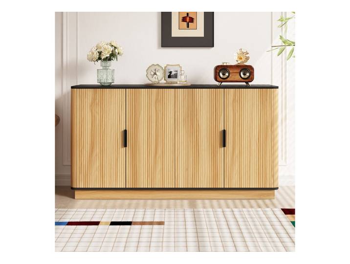 Yorbay Sideboard 139 x 40 x 75 cm, Wellenfront Holzoptik 4 Türen Stauraum