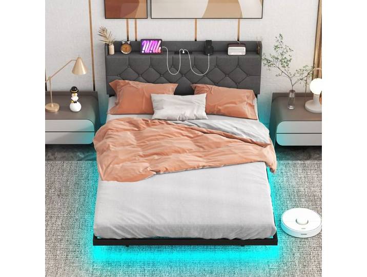 Cadre de lit flottant avec LED tête de lit rembourrée réglable plateforme moderne 200 x 140 x 100 cm gris