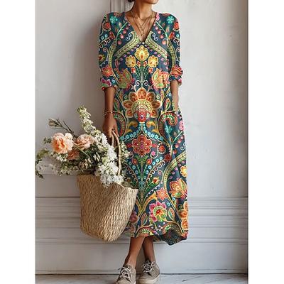 DamenMaxikleid aus leinenähnlichem atmungsaktivem leichtem Sommerkleid A-Linie Urlaub lässig Boho Feiertag regelmäßiger Schnitt floralem Grafikdesign Farbabgleich langen Ärmeln V-Ausschnitt gelb pink