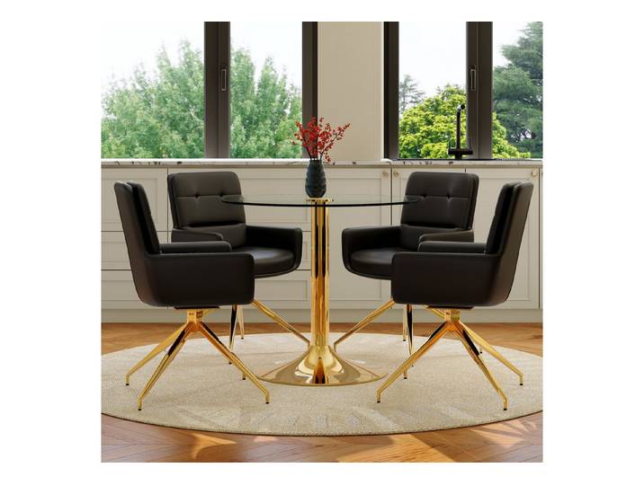 Fine Life Pro Essgruppe Tisch-Set, runder Glastisch, goldene Stütze, 85 cm, 4 schwarz-goldene Drehstühle, PU