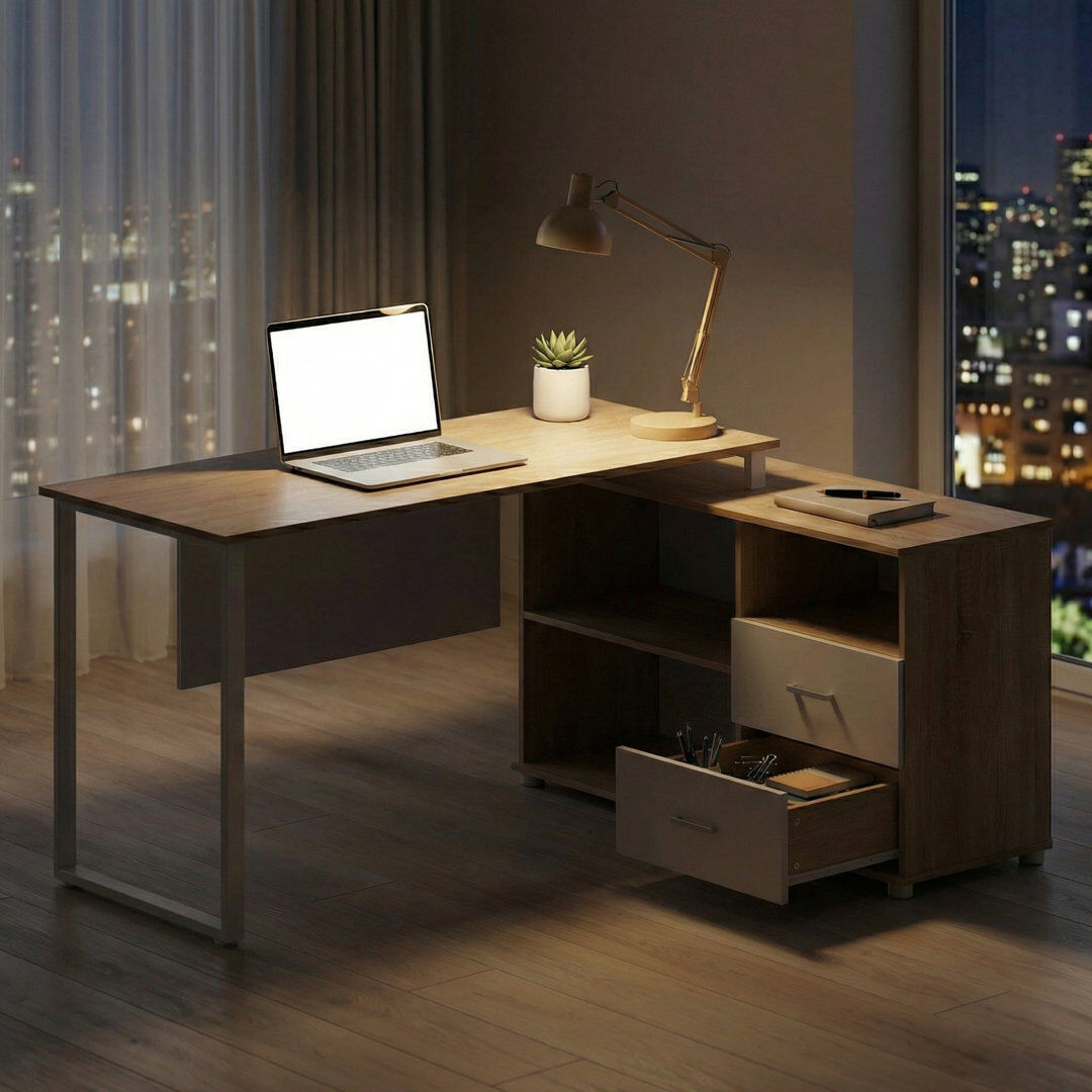 17 Stories Modular L-Shaped Iron Computer Desk Brown 75cm H X 160cm W X 120cm D