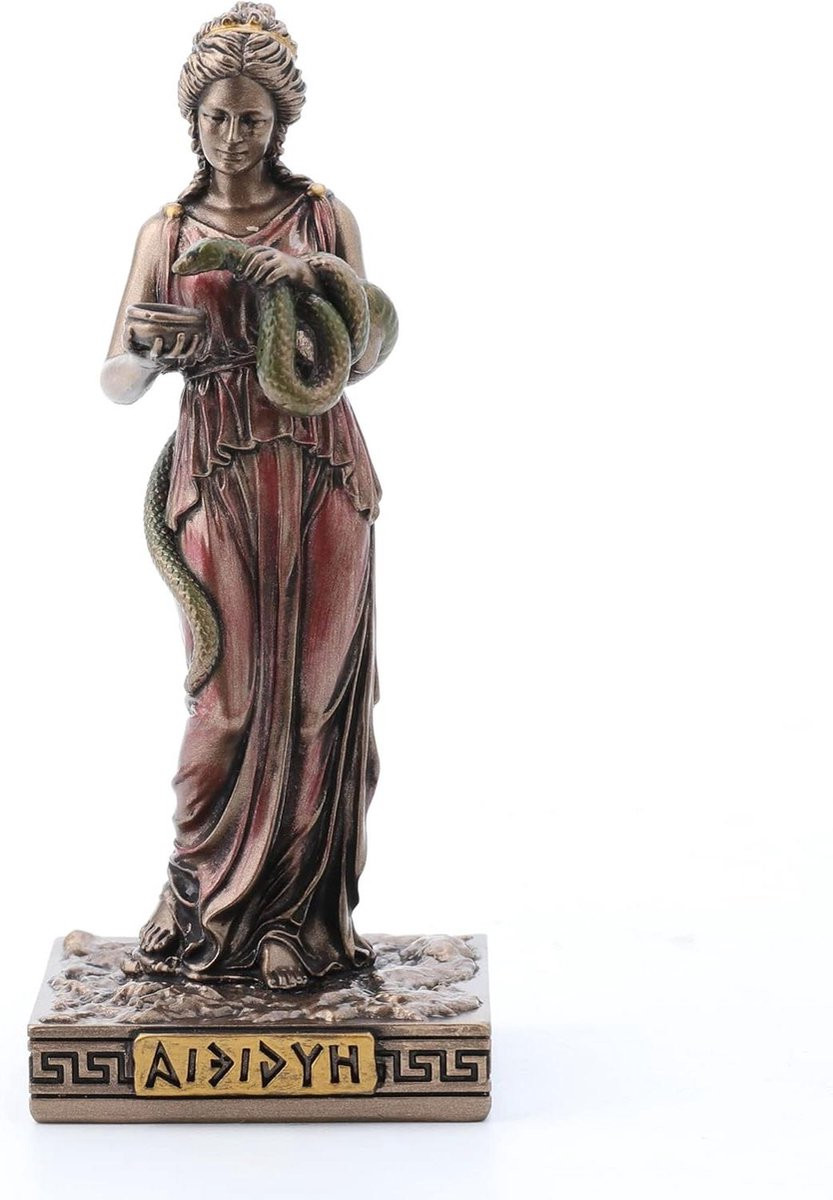 Griekse Godin Hygieia Figuur - Handgeschilderd Beeldje met Bronzen Afwerking - Zwart
