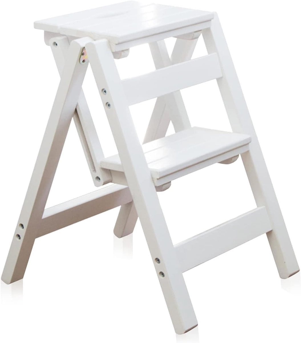 Wit Houten Ladder Stoel - Opklapbaar Krukje - Breedte: 38 cm
