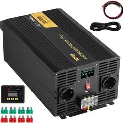 VEVOR Wechselrichter mit reiner Sinuswelle, 3000 Watt, DC 24 V auf AC 230 V, Wechselrichter fürs Auto, mit USB-Anschluss, LCD-Display, Fernbedienung und EU-Steckdosen, für Wohnmobil, LKW, Auto, Solaranlage, Reisen, Camping
