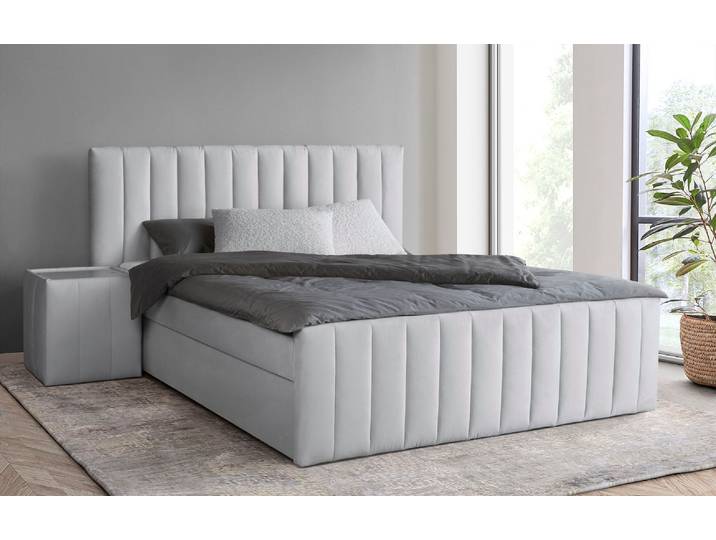 Boxbett, Holz Teilmassiv, Grau, 180×200 cm, Mit Bettkasten & Topper, Modern, Inosign