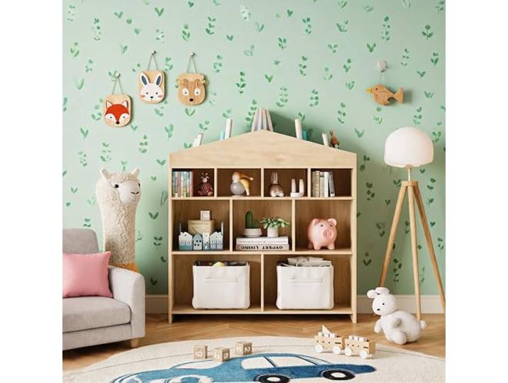Koioplie Kinderregal Hausform Holz, 103,5x100x30 cm 4 Etagen Aufbewahrungsregal, Für Spielzeug & Bilderbücher, Ideal für Kinderzimmer, Spielzimmer oder Kindergarten