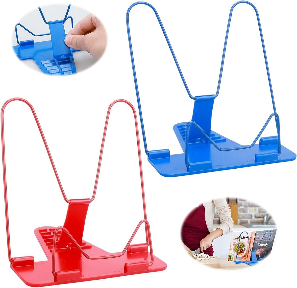 Set van 2 Boekenhouders - Leesstandaard en Kookboekhouder met 7 instelbare hoeken - Rood en Blauw