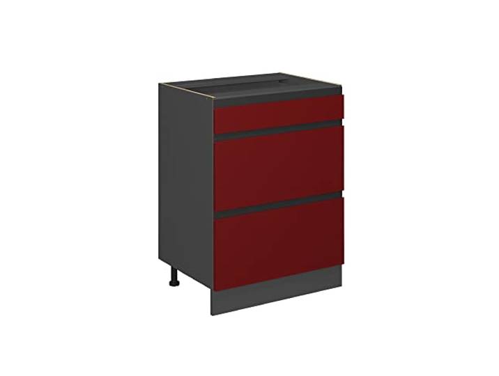 Vicco Küchenunterschrank R-Line, Rot, 60 cm 3 Schubladen · Ohne Arbeitsplatte · Höhenverst. Füße · Leichter Zugriff · Frei kombinierbar