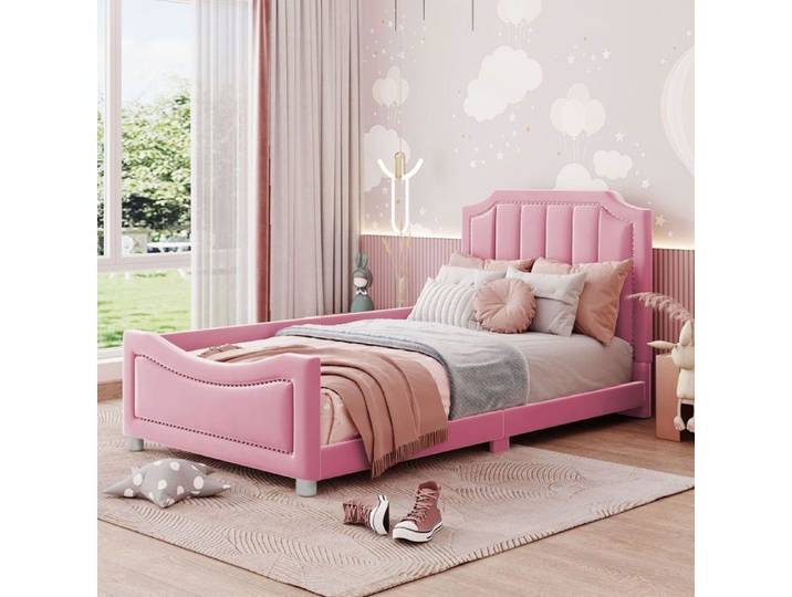 Lit enfant rembourré - SOGEU - 90x200 - Flanelle rose - Canapé‑lit 2-en-1 - Structure bois/métal 12 lattes
