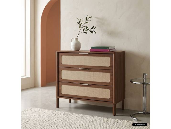 Sweeek - Commode Vintage Décor Bois Et Cannage 3 Tiroirs Noyer - Etta