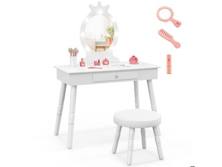 DREAMADE Coiffeuse Enfants avec Miroir à 3 Volets et Tabouret Rembourré Lumières LED Réglables Plateau Amovible Blanc