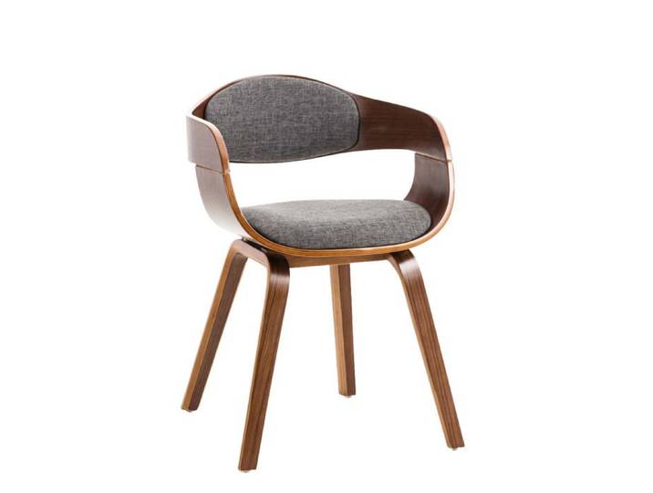 Chaise de bureau sans roulettes visiteur en tissu et bois design retro et confort maximal noyer gris clair BUR10548
