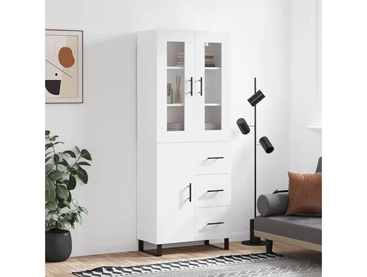 RJPLMFV Sideboard, hoch, weiß, 69,5 x 34 x 180 cm, aus Holz Metallfüße, Großer Stauraum, Stabiler Wohnzimmerschrank