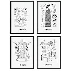 POSTER Set mit 4 LandsMundo 2 A4 Schwarzer Rahmen