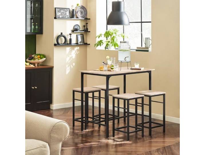 SoBuy Ensemble Table de Bar Mange-Debout avec 4 Tabourets Compact Rangement Facile Cuisine Salon Balcon Style Naturel 100x60x87cm