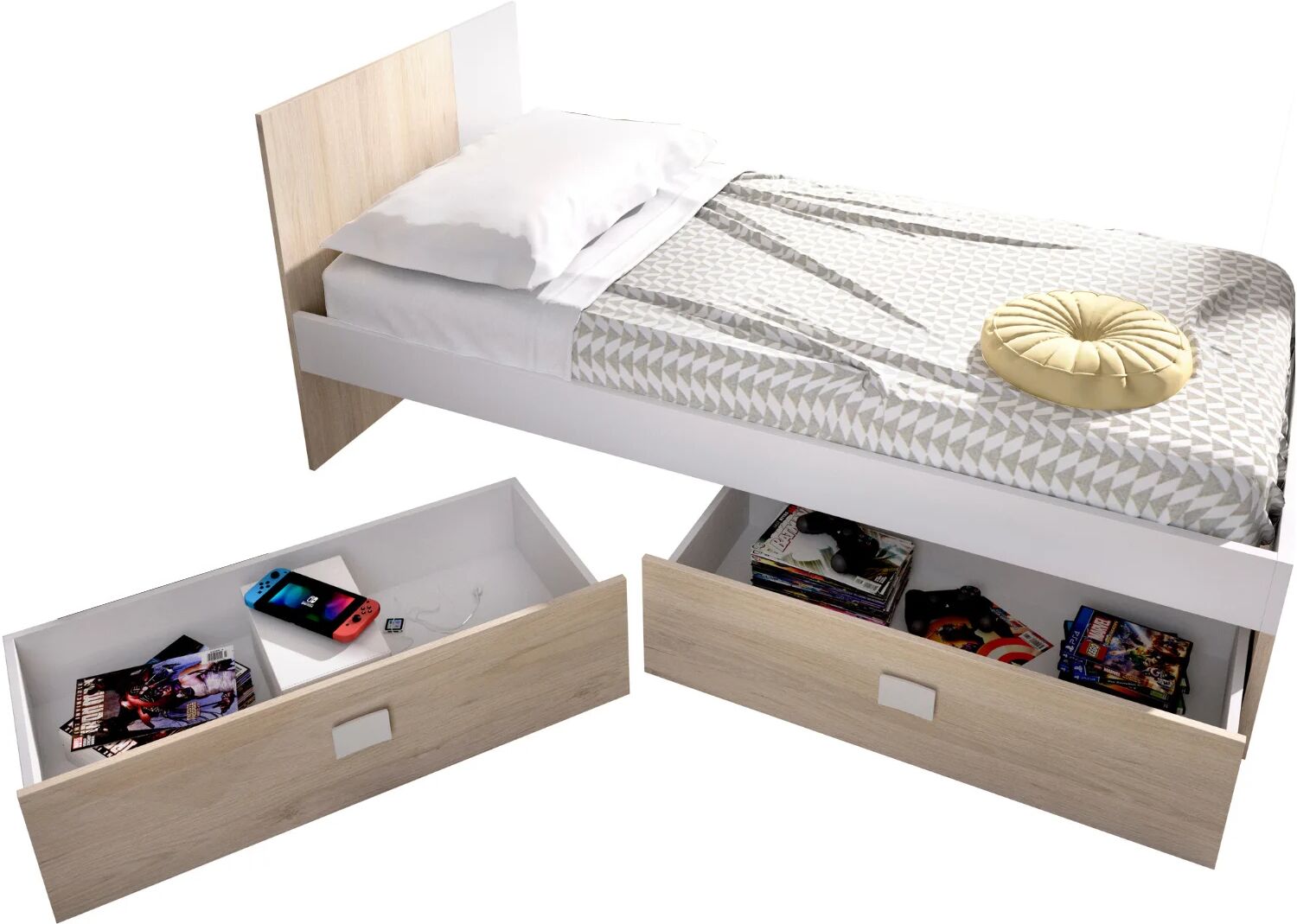 garneroarredamenti Letto singolo 90x190cm con cassettoni estraibili rovere bianco Cairo