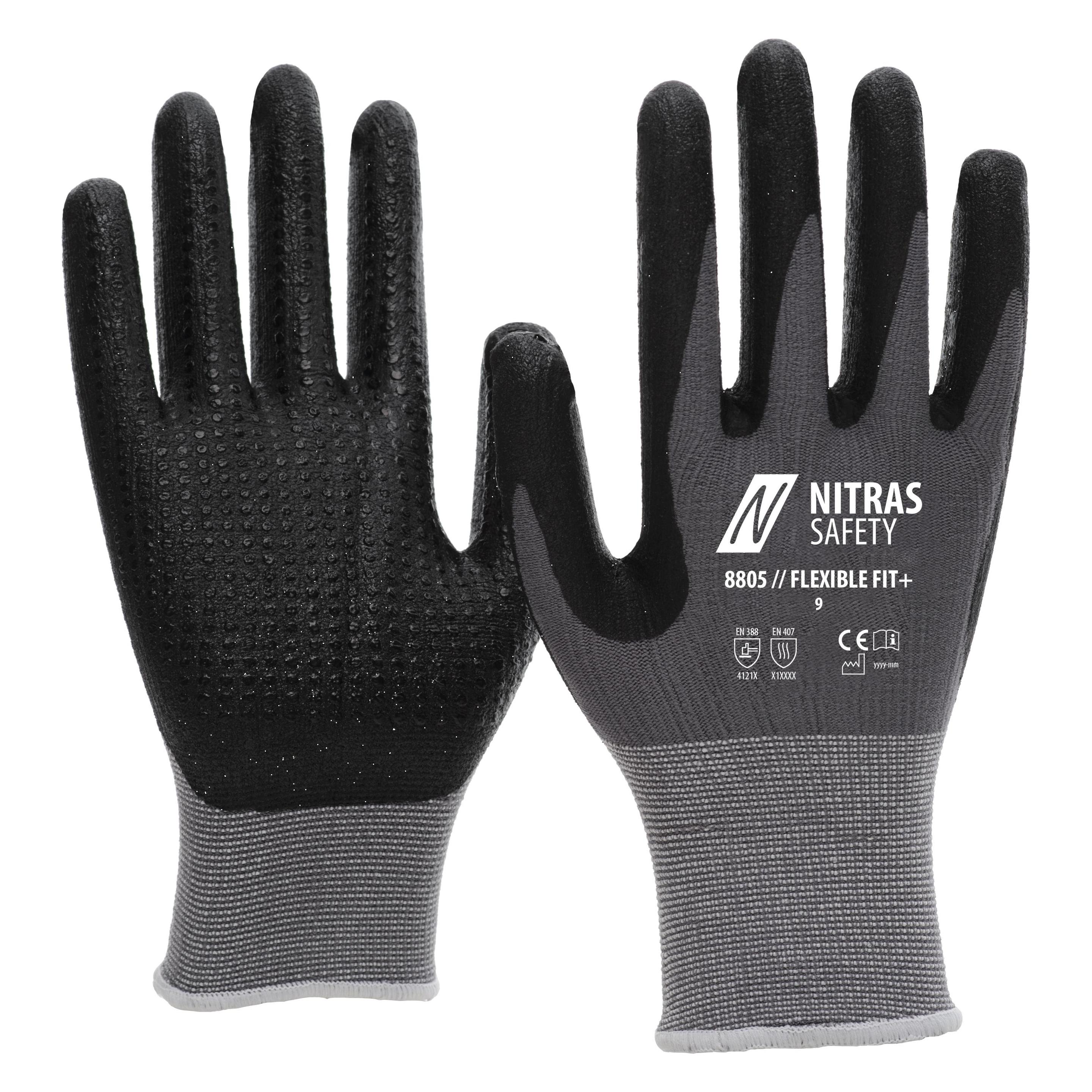 Nitras FLEXIBLE FIT, Strickhandschuhe, Spezial-Stretch-Strick, grau, Spezialbeschichtung, schwarz, t (8) (8805-8)