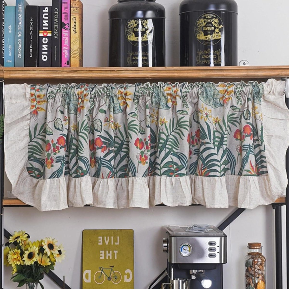 Half-transparante korte gordijnen voor keuken decoratie - Groen Geel - 150 x 45 cm