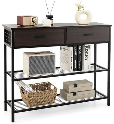 Costway 39.5 Inch Entryway Table with 2 Drawers and 2-Tier Shelves-Dark Brown